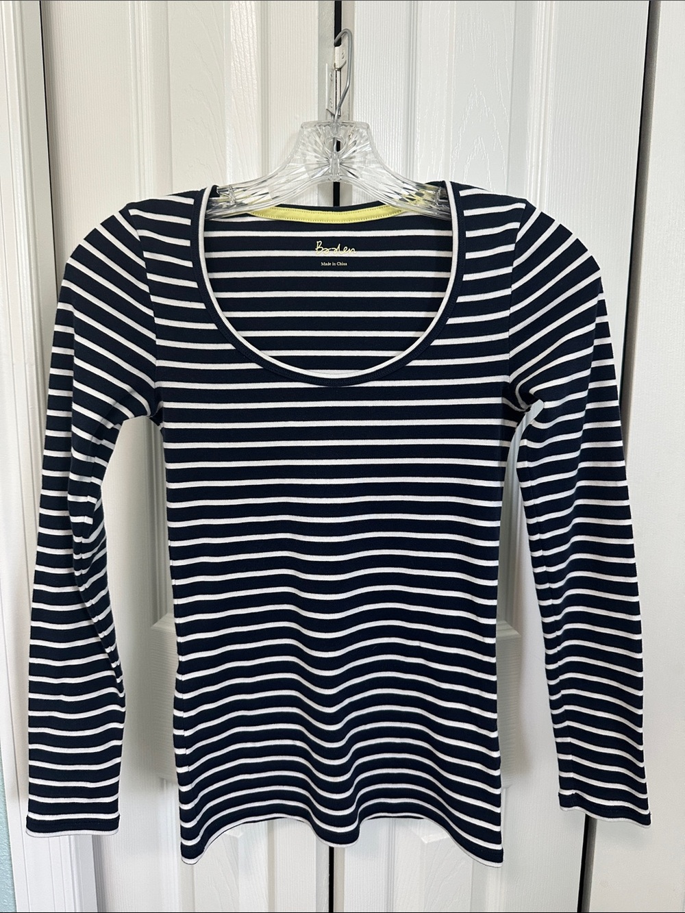 Boden Navy and White Striped Long-Sleeve Scoop Neck Top